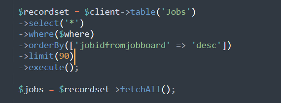 The image displays a snippet of PHP code for querying job postings from a database.