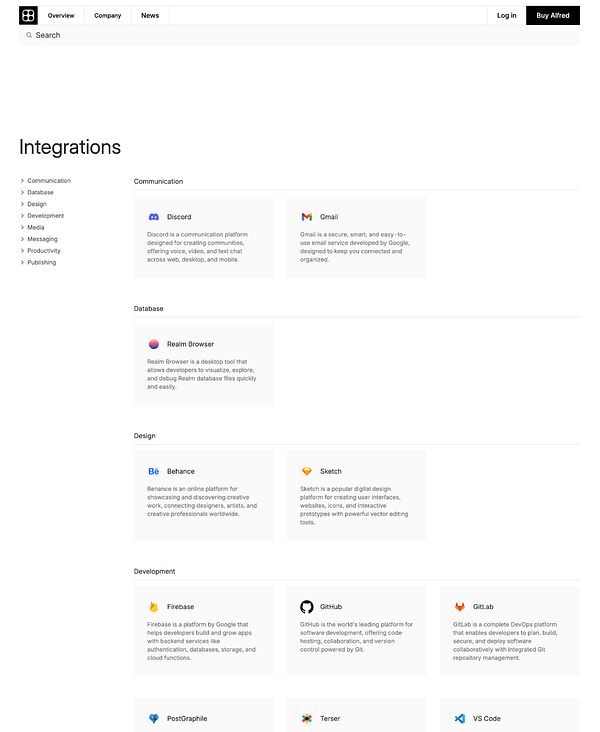 The image displays a user interface for integrations in a SaaS application, featuring various tools categorized by function.