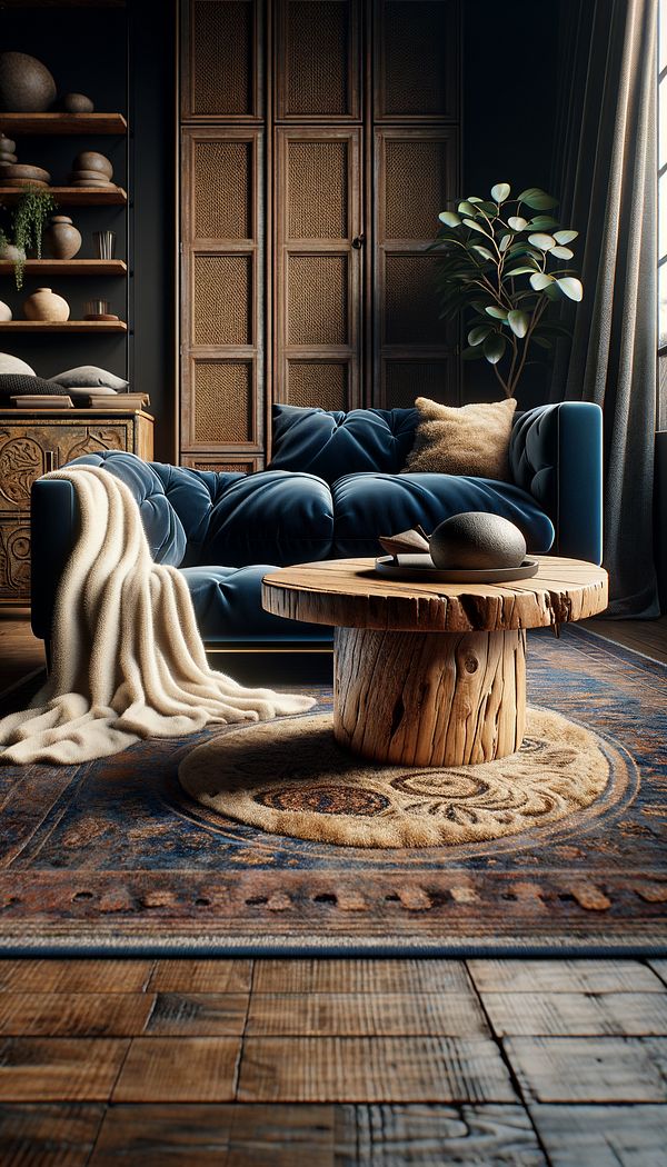 An inviting living room showcasing a variety of materials and textures, including a velvet sofa, a fuzzy throw blanket, a wooden coffee table, and a textured rug.