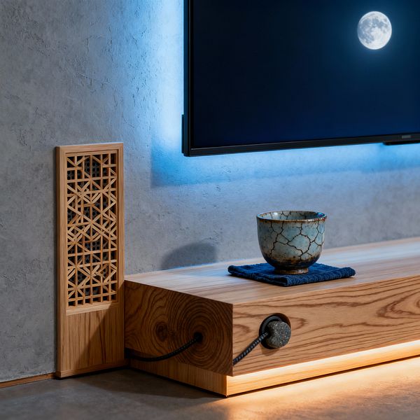 Close-up of a Japanese Zen media room shows a wall-mounted television displaying a full moon, its edges haloed by cool blue light above a low, solid wood console. A crackle-glazed ceramic tea bowl rests on an indigo cloth; a kumiko lattice panel, braided cable, and round stone grommet manage wiring, while warm LED underlighting glows beneath the cabinet against a smooth gray plaster wall and concrete floor.