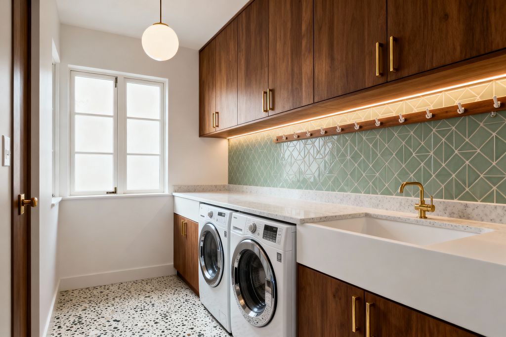A bright galley laundry room features flat-front walnut cabinets with brass pulls above and below a white speckled quartz counter that spans a front-loading washer and dryer. A deep white apron-front sink with a brass faucet sits beside sage green geometric ceramic tile, highlighted by an under-cabinet LED strip and a wooden rail with white hooks; terrazzo flooring, a frosted-paned window, and a round opal-glass pendant complete the Mid-Century Modern space.