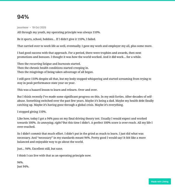 A reflective personal essay discussing the author's shift from striving for perfection to accepting a more balanced approach to life.