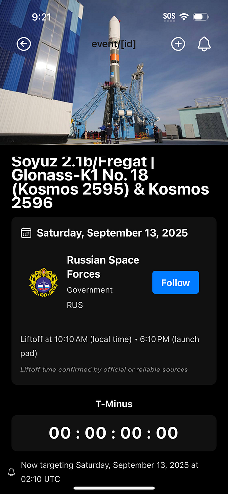 The image displays a countdown timer for a Soyuz rocket launch event, featuring details about the mission and the rocket.
