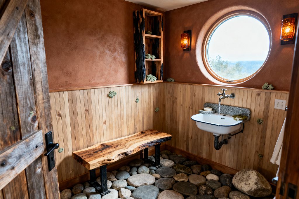 A cozy rustic mudroom with a pebble river-rock floor features a live-edge wood bench on black metal legs, vertical pine wainscoting, and terracotta plaster walls. A round porthole-style window sits between two amber glass sconces above a white enamel wall-mounted sink with a wall faucet and granite backsplash; exposed pipes are visible below. Weathered barn-wood door, a charred-edge open shelf, and small moss accents complete the natural, earthy look with views of trees beyond the window.