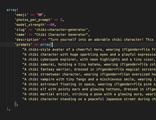 The image displays a code snippet related to a Chibi Character Generator.