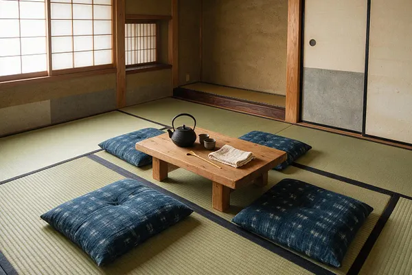 A serene Japanese-style room with tatami mat flooring, shoji screens, and a low wooden table set for tea. Four indigo floor cushions surround the table, which holds a black teapot, small cups, and folded cloth in warm natural light.