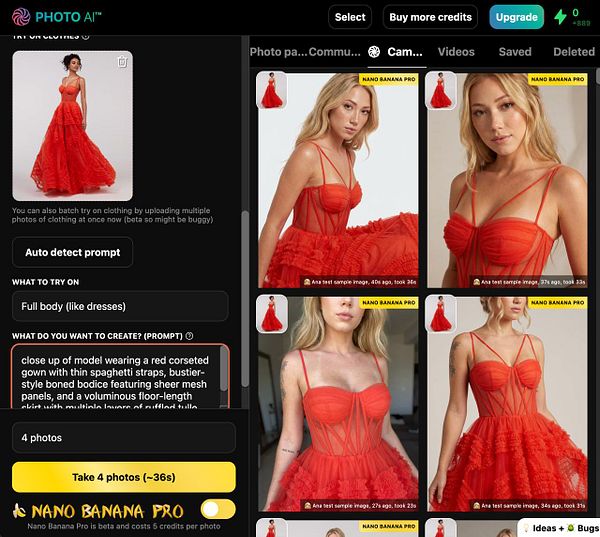 The image displays a user interface for a clothing try-on application featuring a model in a red dress.