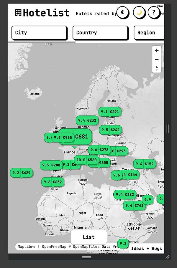 Mobile view of a hotel list app showing a map with clickable hotel markers and a bottom panel with hotel details and controls.