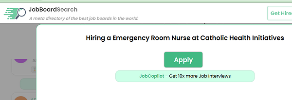 The image displays a job description modal for an Emergency Room Nurse position at Catholic Health Initiatives.