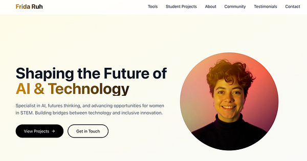 The image features a personal website homepage for Frida Ruh, highlighting her work in AI and technology.