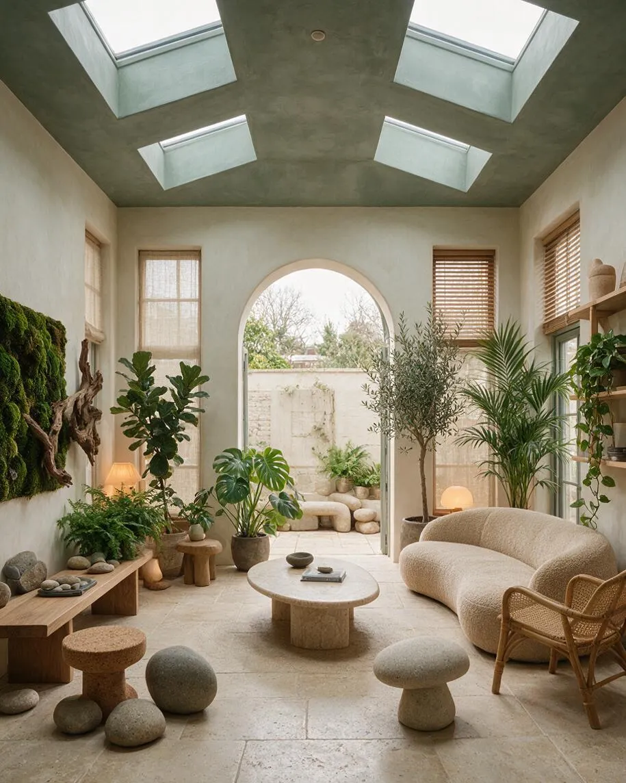 A serene biophilic backyard room with a pale stone floor, arched opening to an outdoor courtyard, and a skylit ceiling with four rectangular roof windows. The space is filled with potted trees, trailing plants, moss wall art, natural wood furniture, and sculptural pebble-like stools in warm beige and green tones.