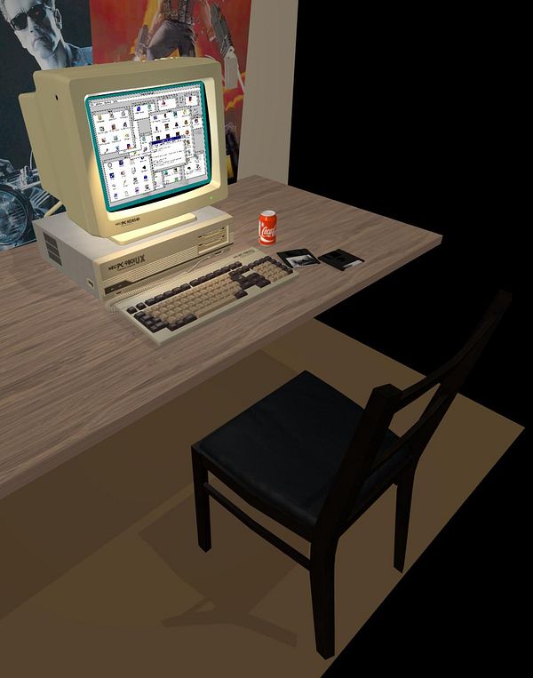 A retro computer setup on a wooden desk with a black chair and a can of soda.