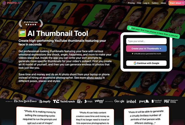 The image displays a promotional landing page for an AI Thumbnail Tool designed for creating YouTube thumbnails.