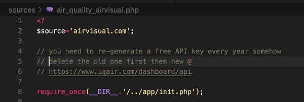 The image displays a code snippet for an API related to air quality.