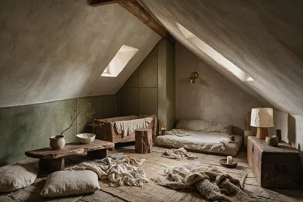 A rustic nursery with sloped plaster ceilings, two low floor beds, a wooden crib, and a rough-hewn coffee table. The room uses muted beige, olive green, and natural wood tones, with linen textiles, woven rugs, and soft daylight from small skylight windows.