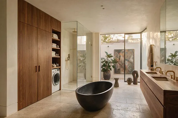 A modern master bathroom with a dark sculptural freestanding tub centered on large stone tile flooring. The room features a wood slatted storage wall, a glass shower enclosure, a long wood vanity with dual sinks, and a large window opening to a private courtyard with plants and artwork.