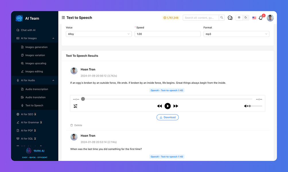 1min AI All in one AI App Powered By Various AI Models BetaList