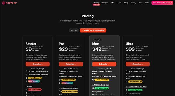 Screenshot of a website showing the Pricing page for PhotoAI with subscription plans and a navigation menu.
