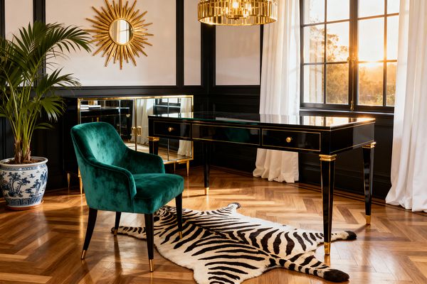 A Hollywood Regency home office shows a glossy black lacquer desk with gold trim, an emerald velvet chair with brass-capped legs, and a zebra-print hide rug on warm oak herringbone flooring. A mirrored credenza, gold sunburst mirror, and tiered brass chandelier reflect sunset light from black-framed windows with white drapes, while a tall palm in a blue-and-white porcelain planter softens the black wall paneling with white inset panels.