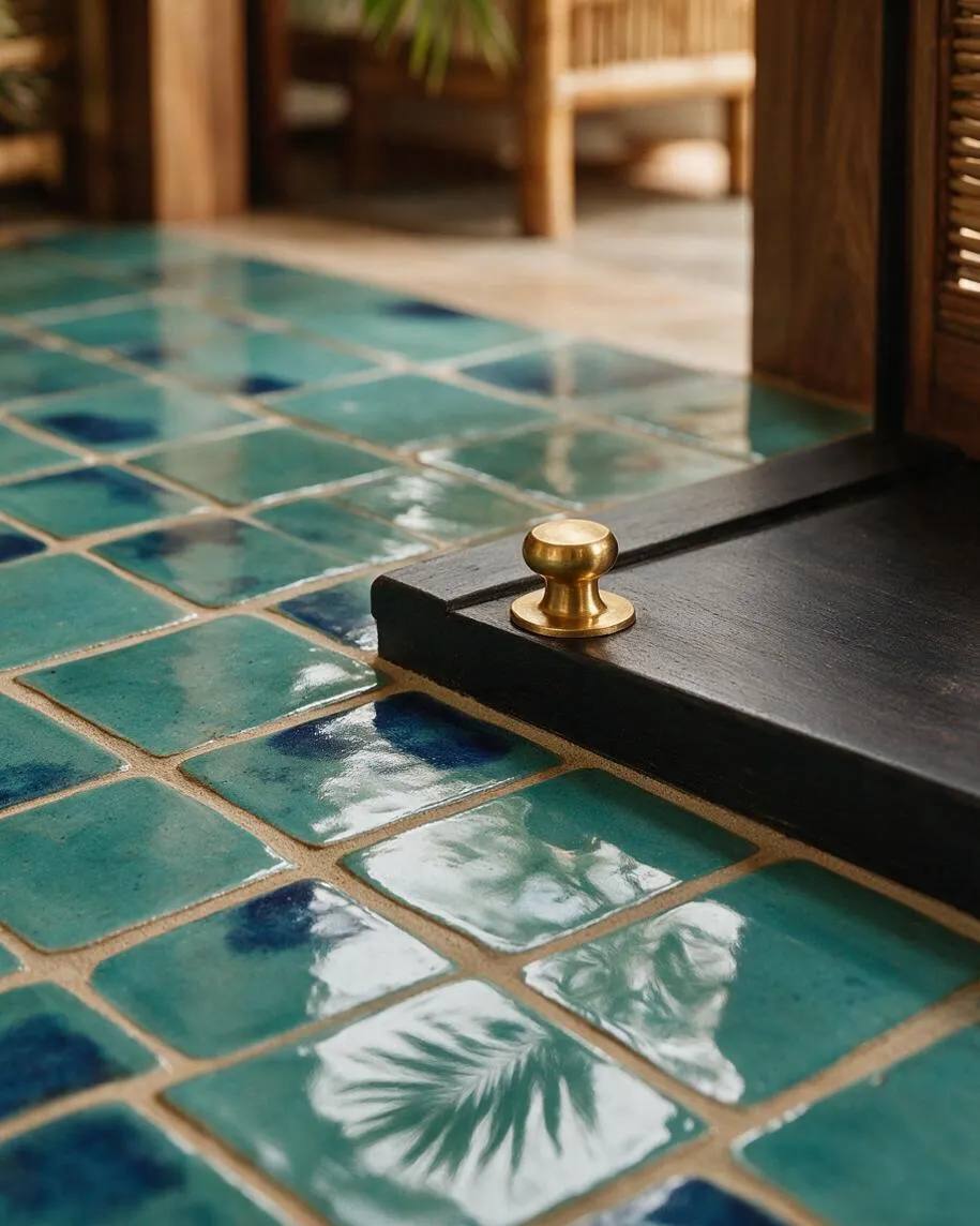 A close-up view of a tropical-style interior featuring glossy teal ceramic floor tiles with tan grout and subtle blue variations. A dark wood panel with a small brass knob sits along the edge, while soft reflections of palm leaves shimmer across the shiny surface.
