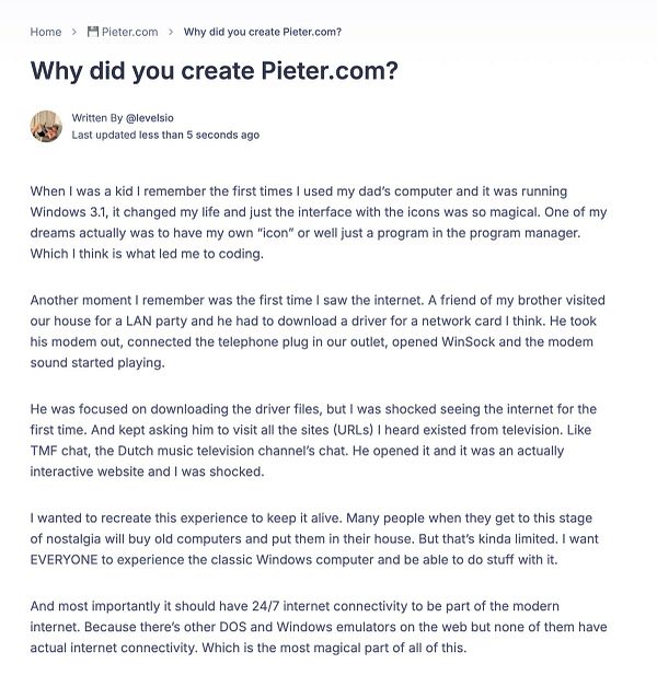 The image features a blog post titled 'Why did you create Pieter.com?' discussing nostalgic experiences with early computing and the internet.