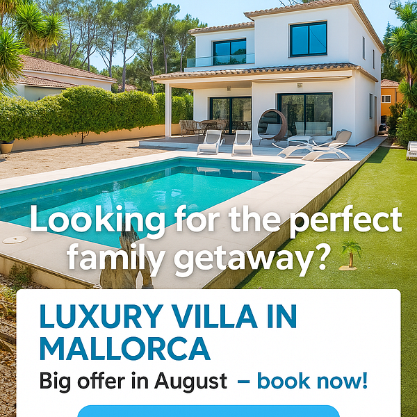 A luxurious villa in Mallorca features a swimming pool and a spacious outdoor area, ideal for family getaways.