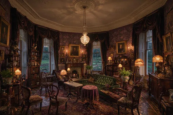 A richly decorated Victorian-style sitting room overlooking a backyard, with dark patterned wallpaper, heavy drapery framing tall windows, and a central crystal chandelier. The space includes tufted green upholstery, carved wooden chairs and cabinets, a lit fireplace, antique lamps, portraits, and layered Persian-style rugs in deep burgundy and gold tones.