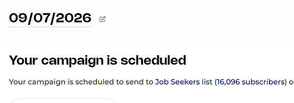 Screenshot of a Mailchimp email campaign editor showing a weekly newsletter layout for job seekers with job listings and editing tools.