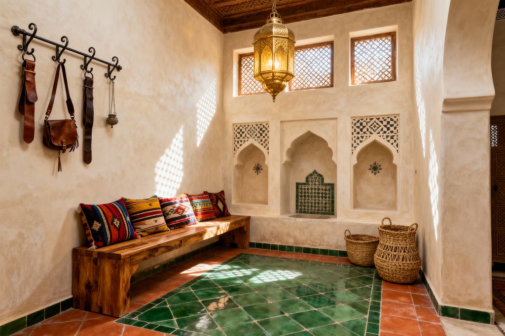 A sunlit Moroccan-style mudroom features warm plaster walls, a green zellige tile floor framed by terracotta, and a carved wood ceiling. A chunky solid-wood bench with multicolored kilim cushions sits beneath wrought-iron hooks holding leather accessories, while opposite, arched niches with lattice details and green mosaic accents sit below screened clerestory windows; a large brass lantern hangs centrally and woven baskets nestle near the archway.