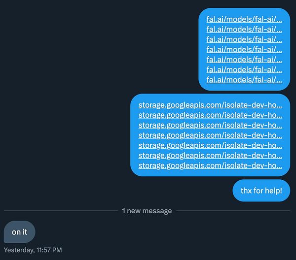 A chat interface displaying a conversation about reporting a bug related to FAL model training.