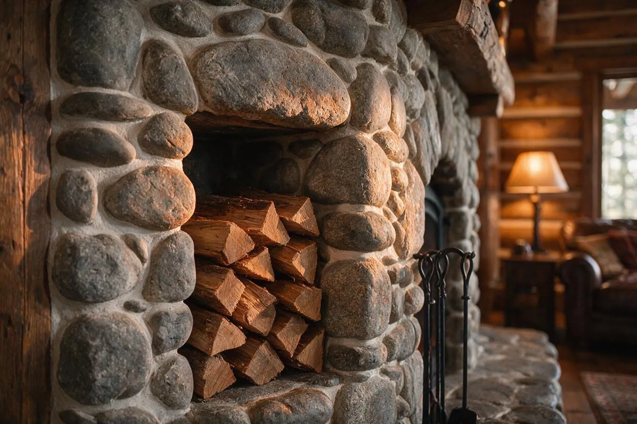 A close-up of a rustic stone fireplace made from rounded river stones, with a recessed opening neatly stacked with split firewood. In the softly blurred background, warm wood log walls, a glowing table lamp, and a cozy leather chair reinforce the cabin-like atmosphere.