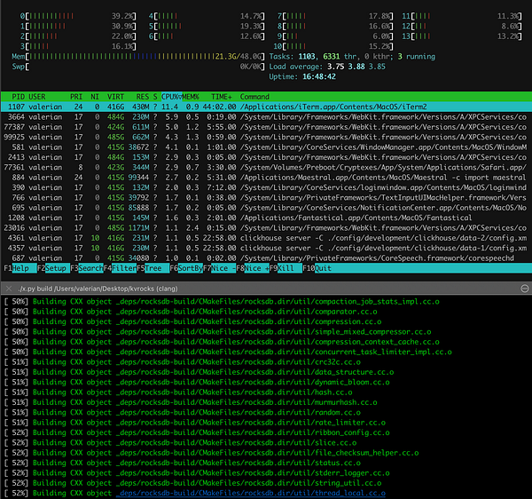 Screenshot of a terminal window on macOS displaying compilation output of Kvrocks with Homebrew command attempts.