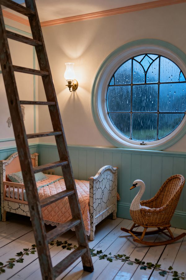 A cozy children’s room in shabby chic style features a small vintage bed with heavily crackled white paint and a blush quilt, set against seafoam beadboard wainscoting and creamy walls with peach crown molding. A round leaded window beaded with rain brings cool light, balanced by a brass wall sconce with a fluted glass shade. Distressed white plank floors, a rustic wooden ladder, a wicker swan rocking chair, and a strand of greenery complete the nostalgic charm.