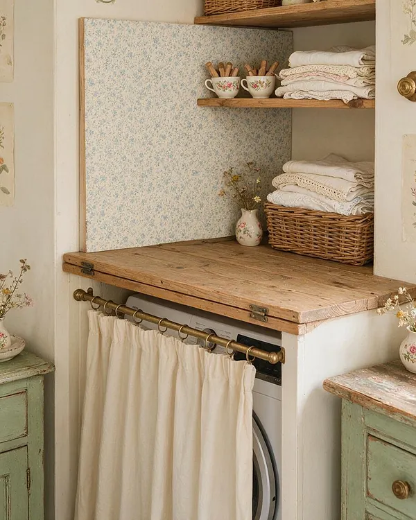 A cozy cottagecore laundry nook with a rustic wooden countertop above a front-loading washer, hidden by a cream curtain on a brass rod. Open shelves hold folded linens, wicker baskets, floral teacups, and small vases, while soft floral wallpaper and muted green cabinets add a warm vintage feel.