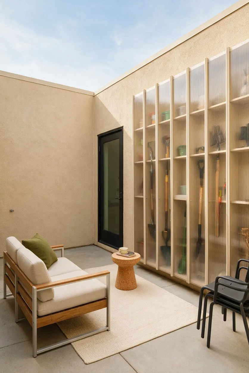 A compact modern backyard patio with smooth beige stucco walls, a black-framed glass door, and tall translucent storage panels displaying garden tools. A cushioned wood-and-metal loveseat with a green pillow sits beside a small cork side table on a woven rug, with stacked black chairs to the side under an open blue sky.