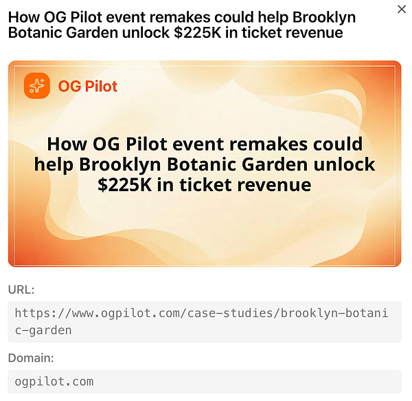 The image features a promotional graphic for OG Pilot highlighting a case study on ticket revenue for the Brooklyn Botanic Garden.
