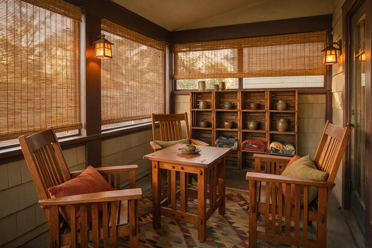 A covered Craftsman-style patio with four slatted wooden armchairs arranged around a small square wood table. Bamboo shades cover the windows, warm lantern wall lights glow softly, and a built-in wooden cubby shelf at the back holds pottery and folded textiles, creating a calm, earthy seating area.