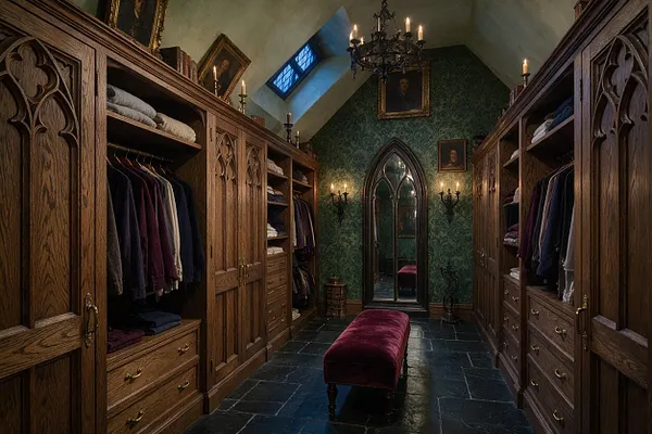 A dramatic Gothic-style closet lined with carved oak wardrobes on both sides, displaying hanging clothes and folded linens. The room features dark stone tile flooring, green patterned wallpaper, a pointed arched mirror, candle-style wall sconces, and a burgundy velvet bench under a vaulted ceiling with a small stained-glass window.