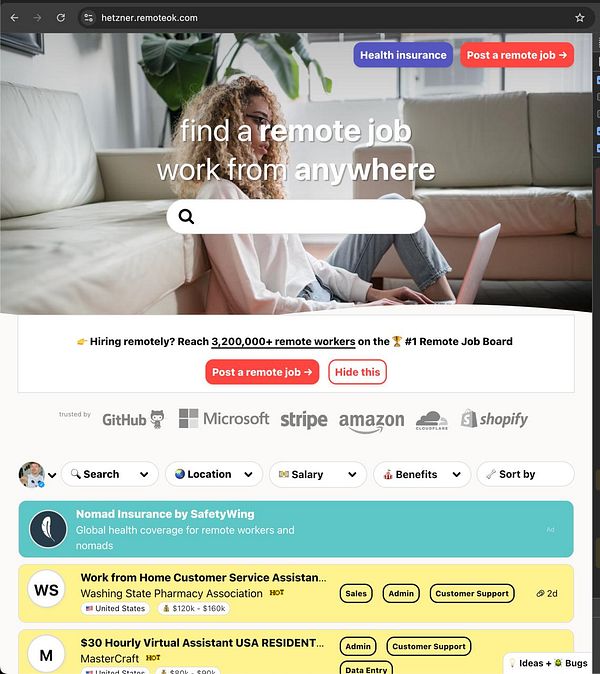 The image displays a webpage for finding remote jobs, featuring a woman working on a laptop in a cozy setting.