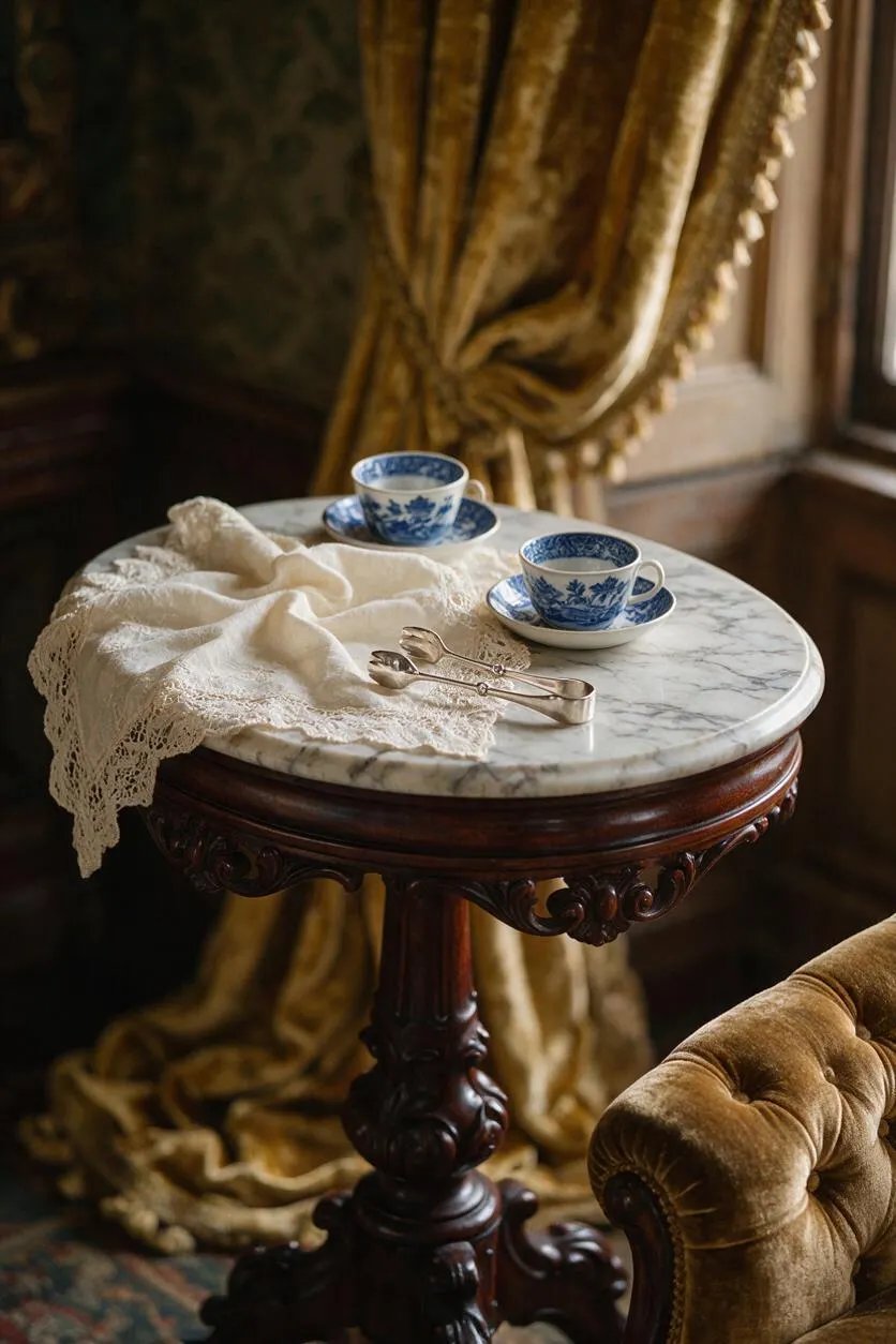 A Victorian-style vignette featuring a small round pedestal table with a white marble top and carved dark wood base. On the table are two blue-and-white porcelain teacups on saucers, a folded cream lace cloth, and silver tongs, with heavy gold drapery and a tufted velvet chair edge in the background.