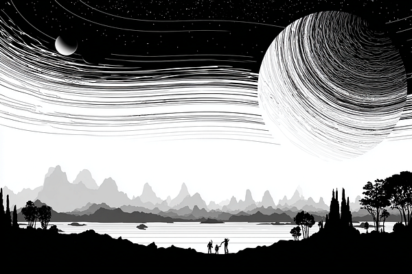 A monochromatic landscape featuring a large planet and silhouetted figures against a starry sky.