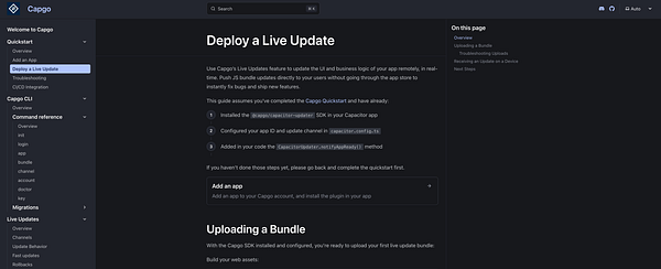 The image displays a user interface for deploying a live update in the Capgo documentation.