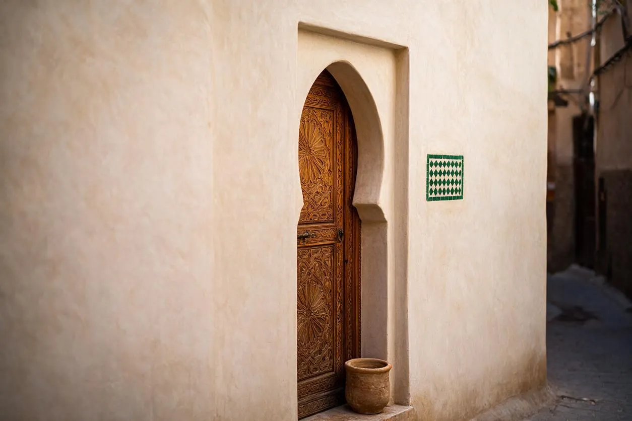 A narrow Moroccan exterior wall with a tall pointed arch framing an ornately carved wooden door. The smooth beige plaster facade is accented by a small green geometric tile panel and a clay pot at the threshold, with a dim alleyway receding to the right.