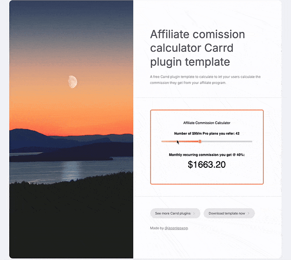 The image displays a Carrd plugin template for an affiliate commission calculator against a scenic background.