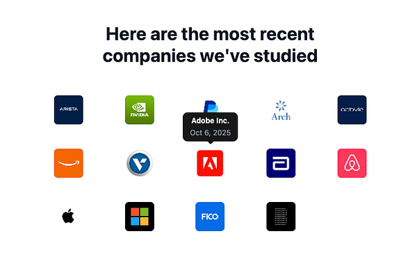 The image displays a grid of logos representing various companies, with a tooltip highlighting Adobe Inc.