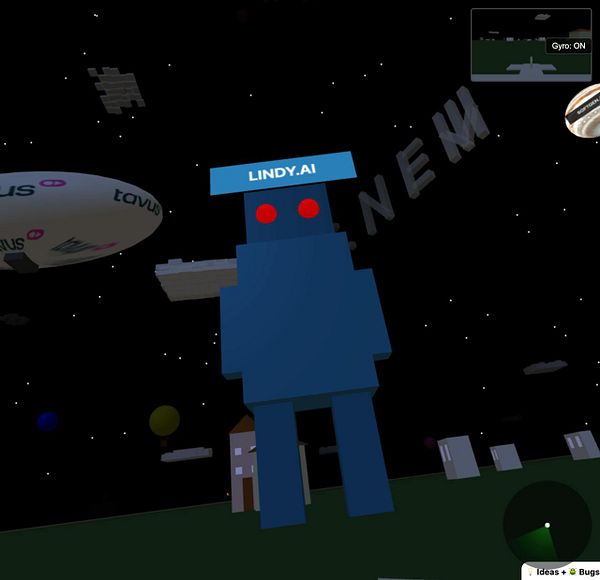 A large blue robot with red eyes stands in a virtual environment filled with floating objects and a small house.