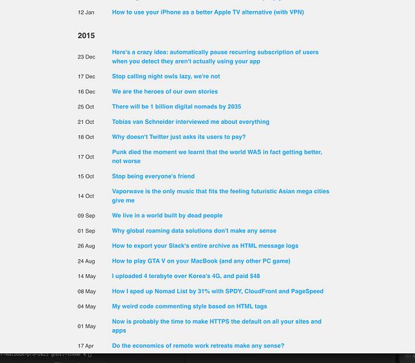The image displays a list of blog post titles from the year 2015, organized by date.