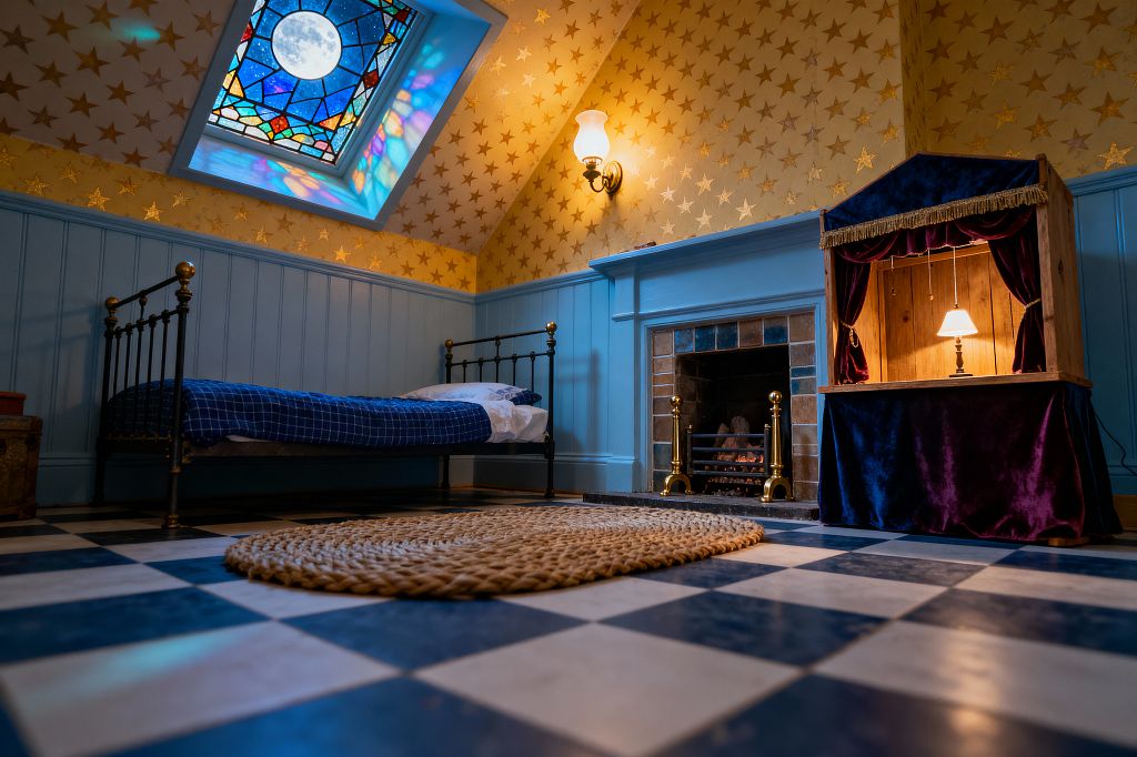 A children’s bedroom with a pitched ceiling features gold star wallpaper above powder-blue beadboard, a moon-themed stained-glass skylight casting colored light, and a black wrought-iron twin bed with brass finials dressed in blue check bedding. A tiled fireplace with brass andirons, a velvet-draped puppet theater, a black-and-white checkerboard floor, a round jute rug, and a milk-glass wall sconce complete the warm, storybook setting.