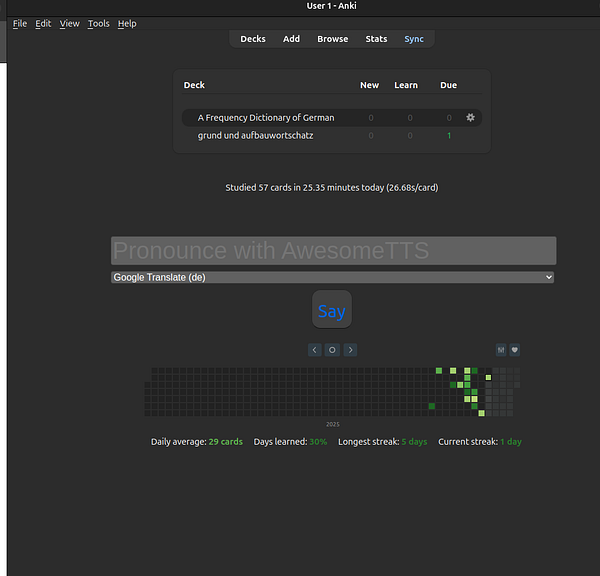 The image displays a screenshot of the Anki application interface focused on studying German vocabulary.