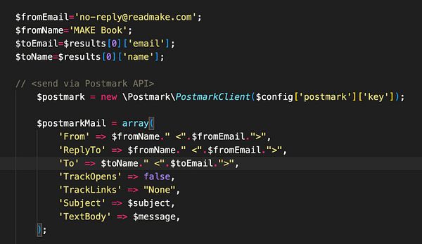 The image displays a code snippet for sending an email via the Postmark API with specific configurations.